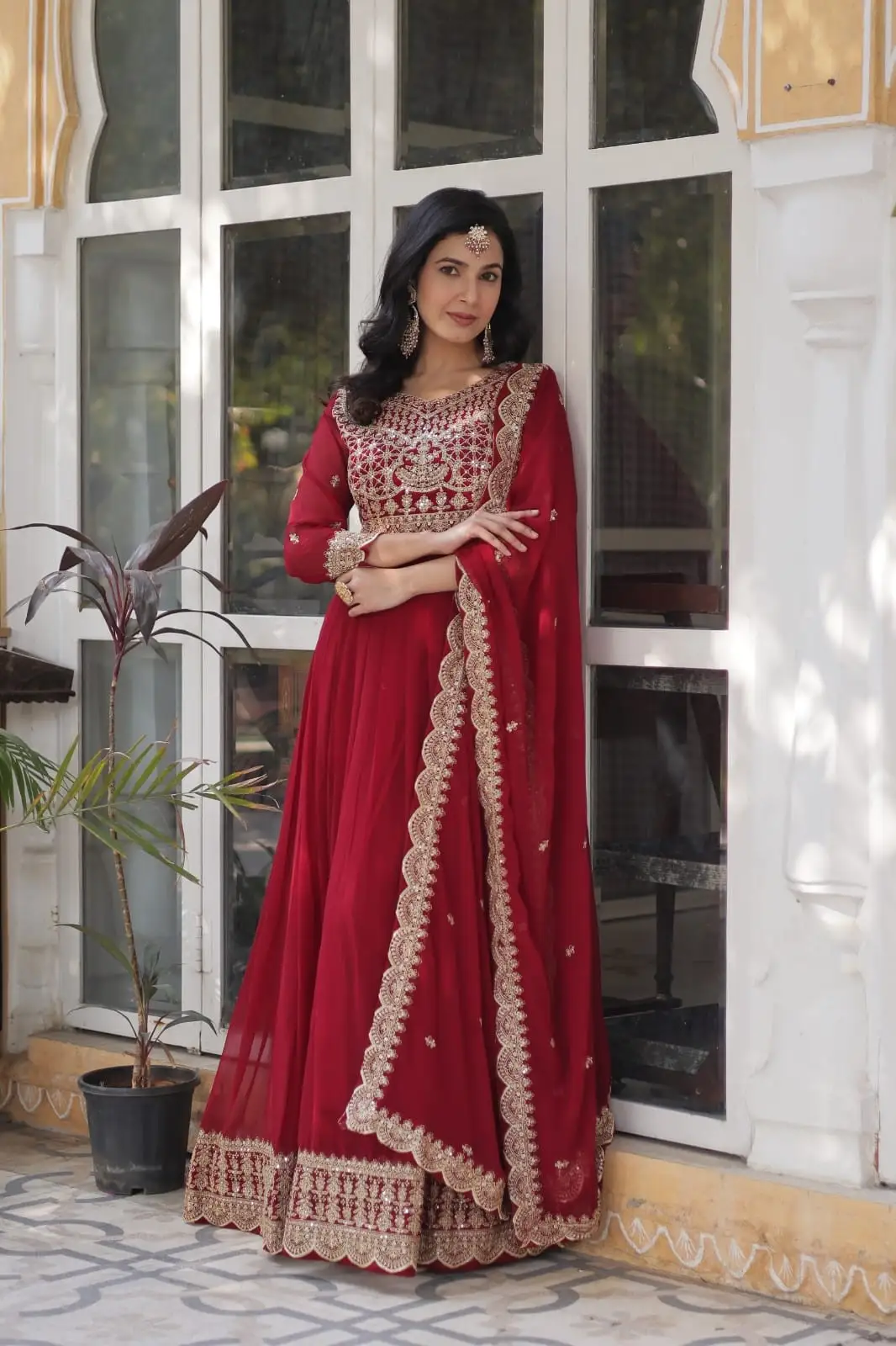 Maroon & Wine Zari Sequins Work Faux Blooming Anarkali Gown Set